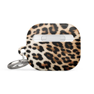 A Mighty Jaguar Fur for AirPods Gen 3 case with a metal carabiner attachment on the side. The case, made of premium impact-absorbing material, features the text "Statement Cases" at the bottom front. The silver carabiner is securely attached to ensure style and functionality.