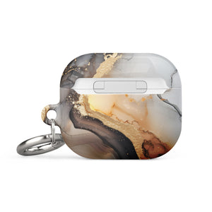 A sleek, rectangular Lunar & Gold Marble for AirPods Gen 3 case cover with a marbled design featuring shades of white, gray, black, and gold veins. The brand name "Statement Cases" is printed at the bottom. A metal carabiner replaces the keyring for easy carrying and added security. Crafted from impact-absorbing material for optimal protection.