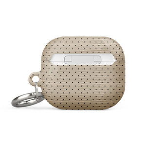 A beige, impact-absorbing Delicate Elegance for AirPods Gen 3 case with small black polka dots and a metal carabiner attachment on the side, featuring the brand name "Statement Cases" printed in white at the bottom.