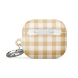 Gingham Grace for AirPods Gen 3 with a beige and white checkered pattern, featuring a metal carabiner on the right side. Made from impact-absorbing material, the case also displays "Statement Cases" printed on the lower front.