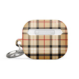 A glossy, plaid-patterned Neutral Heritage Tartan for AirPods Gen 3 by Statement Cases for wireless earbuds featuring beige, black, and red stripes with a small metal carabiner attachment. The text "STATEMENT CASES" is printed at the bottom in white letters. This impact-absorbing design ensures your earbuds are both stylish and protected.