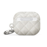 A white, quilted pattern, impact-absorbing AirPods case with a glossy finish, featuring the words "Statement Cases" in small letters at the bottom front. It has a silver metal carabiner attached to the right side for easy carrying.