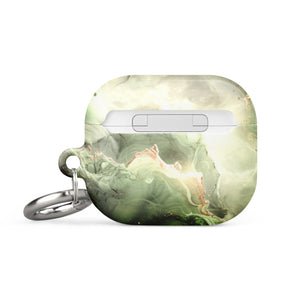 A small rectangular Sleek Sage for AirPods Gen 3 case with rounded edges, featuring a green and white marbled design with subtle gold accents. The impact-absorbing case includes a sturdy metal carabiner attached to the side and "Statement Cases" printed at the bottom front.