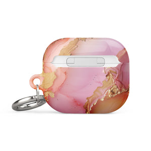 A Gold Blush Marble case for AirPods Gen 3, featuring a pink and gold marble pattern with a silver keychain attached to the side. Made from premium material, this impact-absorbing case showcases the brand name "Statement Cases" printed on the front in white.