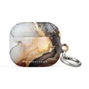 A sleek, rectangular Lunar & Gold Marble for AirPods Gen 3 case cover with a marbled design featuring shades of white, gray, black, and gold veins. The brand name "Statement Cases" is printed at the bottom. A metal carabiner replaces the keyring for easy carrying and added security. Crafted from impact-absorbing material for optimal protection.