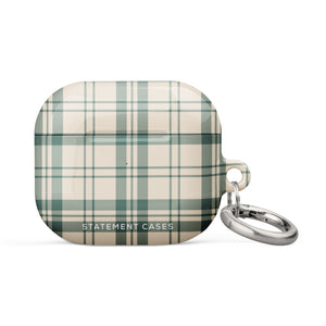 A rectangular Elegant Plaid for AirPods Gen 3 case with rounded corners, featuring a green and white plaid pattern. The case has a small metal carabiner attached on the side, making it easy to secure to bags or keys. Made from impact-absorbing material, the text "Statement Cases" is printed at the bottom of the case.