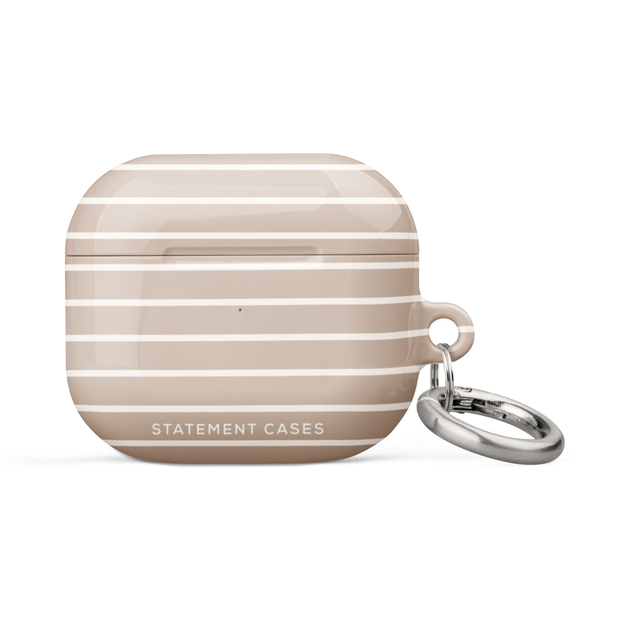 A beige, impact-absorbing Au Naturale for AirPods Gen 3 case from Statement Cases with horizontal white stripes and a metal carabiner attached to the right side. The text "STATEMENT CASES" is printed on the bottom front of the case.
