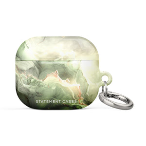 A small rectangular Sleek Sage for AirPods Gen 3 case with rounded edges, featuring a green and white marbled design with subtle gold accents. The impact-absorbing case includes a sturdy metal carabiner attached to the side and "Statement Cases" printed at the bottom front.