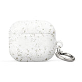 A white **Terrazzo Chic for AirPods Gen 3** case with a terrazzo pattern in shades of grey, featuring a metal carabiner attached to the right side for convenience. The front of this impact-absorbing case has "**Statement Cases**" subtly printed near the bottom edge.