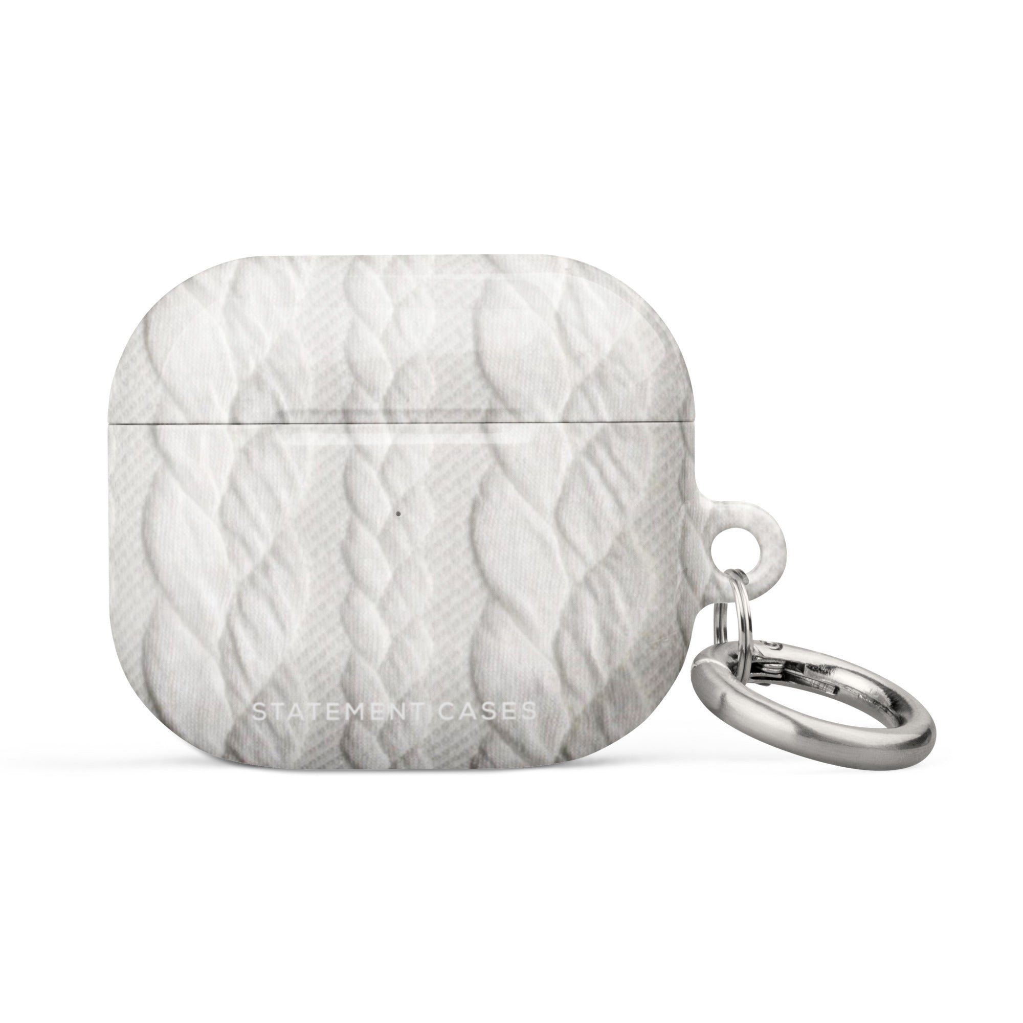 A white, impact-absorbing Cozy Knit Bliss for AirPods Gen 3 case with a knitted texture design and a metal carabiner attached to the side. The brand "Statement Cases" is printed at the bottom, ensuring both style and protection.