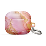 A Gold Blush Marble case for AirPods Gen 3, featuring a pink and gold marble pattern with a silver keychain attached to the side. Made from premium material, this impact-absorbing case showcases the brand name "Statement Cases" printed on the front in white.