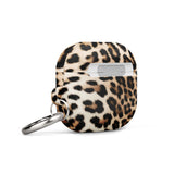 A Mighty Jaguar Fur for AirPods Gen 3 case with a metal carabiner attachment on the side. The case, made of premium impact-absorbing material, features the text "Statement Cases" at the bottom front. The silver carabiner is securely attached to ensure style and functionality.