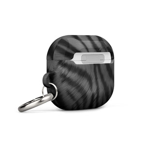 A black wireless earbud case with a silver keyring attached. The Charisma Tiger Fur for AirPods Gen 3 features a brushed metal texture with wavy dark lines and the words "Statement Cases" printed in white on the front. It also comes with an impact-absorbing material for extra protection.