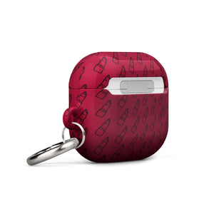 A Rockstar Red for AirPods Gen 3 with a repeating pattern of lipstick icons. The case features an impact-absorbing design and a keychain attachment with a metal carabiner, making it easy to attach to other items. The text "Statement Cases" is written at the bottom front of the case.