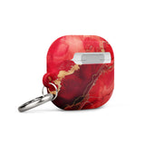 A red marbled Scarlet Marble for AirPods Gen 3 protection case with gold streaks and a keyring attachment on the side. The case, made from premium impact-absorbing material, has a glossy finish and is branded with "Statement Cases" in white text at the bottom.
