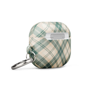 A protective Aristocrats Plaid for AirPods Gen 3 case with a green and beige plaid design, featuring impact-absorbing material. A metal carabiner is attached to the side for convenience, and the text "Statement Cases" is printed at the bottom of the case.