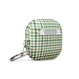 A green and white houndstooth-patterned Elegance Houndstooth for AirPods Gen 3 from Statement Cases with an impact-absorbing design features a sleek, polished look and includes a small metal carabiner attached to the side.