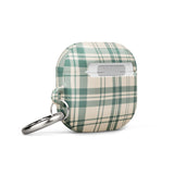 A rectangular Elegant Plaid for AirPods Gen 3 case with rounded corners, featuring a green and white plaid pattern. The case has a small metal carabiner attached on the side, making it easy to secure to bags or keys. Made from impact-absorbing material, the text "Statement Cases" is printed at the bottom of the case.