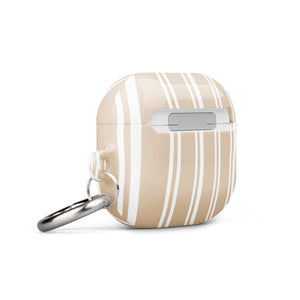 A beige Estate Stripe for AirPods Gen 3 case with white vertical stripes and a metal carabiner attached to the right side. The text "Statement Cases" is printed at the bottom of this impact-absorbing case.