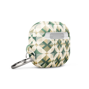 A Grand Estate Mosaic for AirPods Gen 3 with a geometric pattern in shades of green, beige, and white. The pattern features circular designs within square frames. An impact-absorbing material ensures durability while a metal carabiner is attached to the side for convenience. Text on the case reads "Statement Cases.