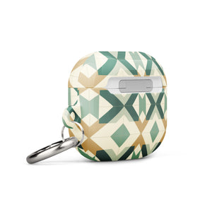 A rectangular Old World Mosaic for AirPods Gen 3 case in premium polycarbonate featuring a geometric pattern in shades of green, beige, and cream. The impact-absorbing design showcases intersecting shapes creating a kaleidoscopic effect. A silver keyring is attached to the right side. Text at the bottom reads "Statement Cases.