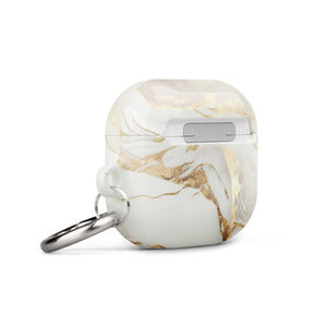 A white Golden Elegance for AirPods Gen 3 case with an elegant marbled design in shades of gold and grey. The impact-absorbing case is attached to a metal carabiner for easy access. The brand "Statement Cases" is printed on the lower front of the case.