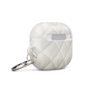 A white, quilted pattern, impact-absorbing AirPods case with a glossy finish, featuring the words "Statement Cases" in small letters at the bottom front. It has a silver metal carabiner attached to the right side for easy carrying.