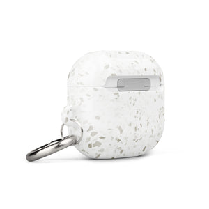 A white **Terrazzo Chic for AirPods Gen 3** case with a terrazzo pattern in shades of grey, featuring a metal carabiner attached to the right side for convenience. The front of this impact-absorbing case has "**Statement Cases**" subtly printed near the bottom edge.