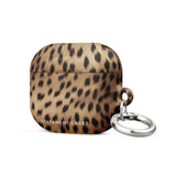 A close-up view of a Daring Cheetah Fur for AirPods Gen 3 with a metal carabiner attached. The case, featuring brown and black spots on a light brown background, has "Statement Cases" inscribed at the bottom. Its impact-absorbing material ensures your AirPods stay protected and stylish.