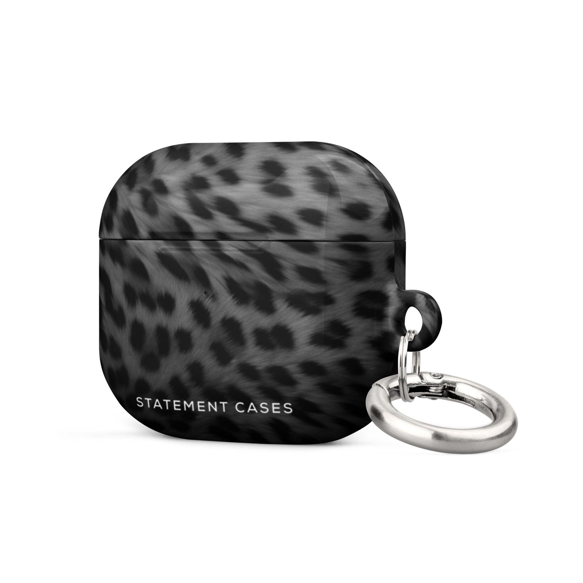 A black and gray leopard print impact-absorbing Nocturnal Hunter Fur for AirPods Gen 3 with a metal carabiner keyring attachment on the right side. The case is branded with the text "Statement Cases" at the bottom center.