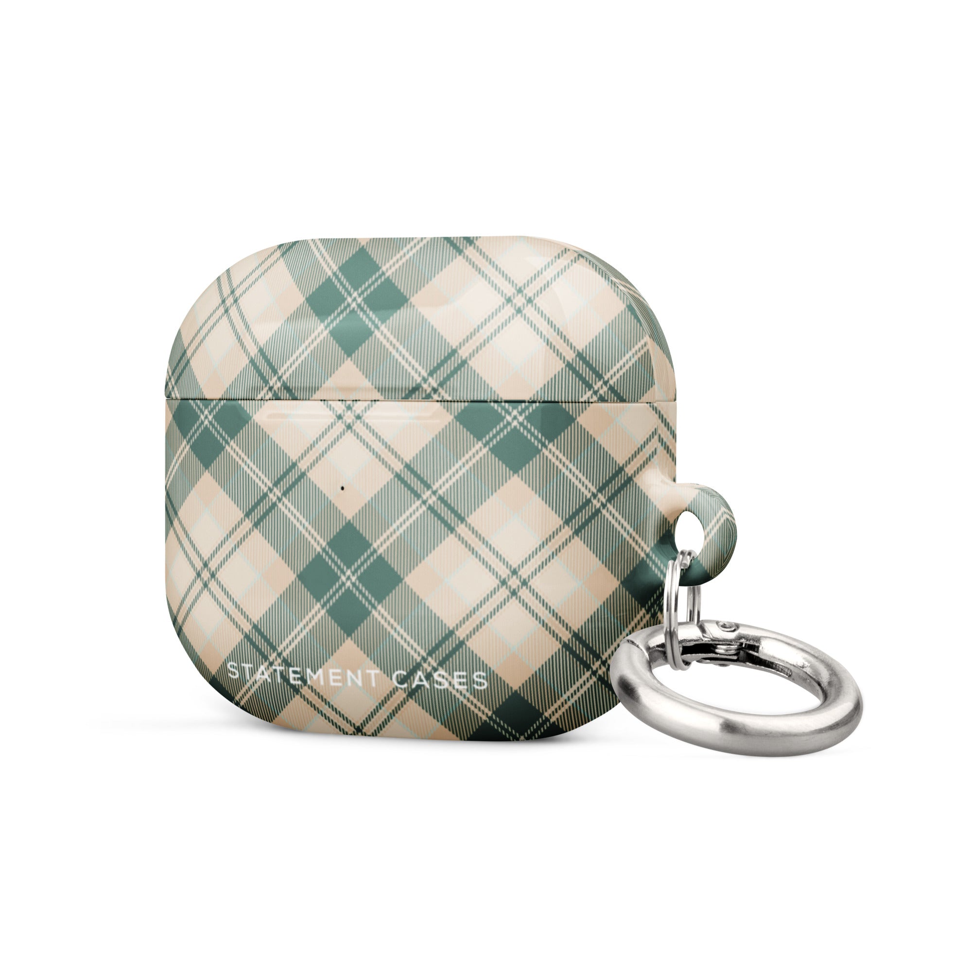 A protective Aristocrats Plaid for AirPods Gen 3 case with a green and beige plaid design, featuring impact-absorbing material. A metal carabiner is attached to the side for convenience, and the text "Statement Cases" is printed at the bottom of the case.