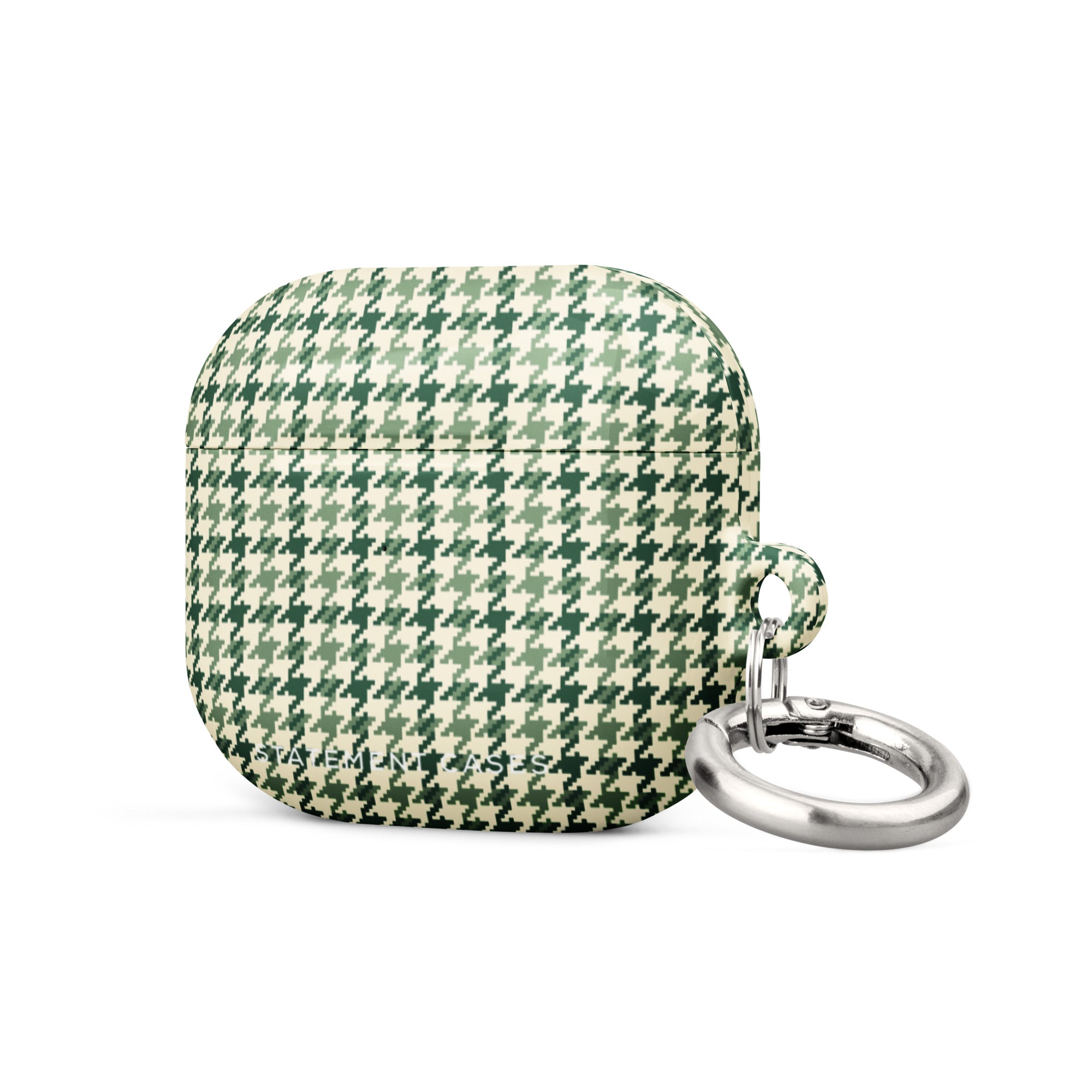 A green and white houndstooth-patterned Elegance Houndstooth for AirPods Gen 3 from Statement Cases with an impact-absorbing design features a sleek, polished look and includes a small metal carabiner attached to the side.