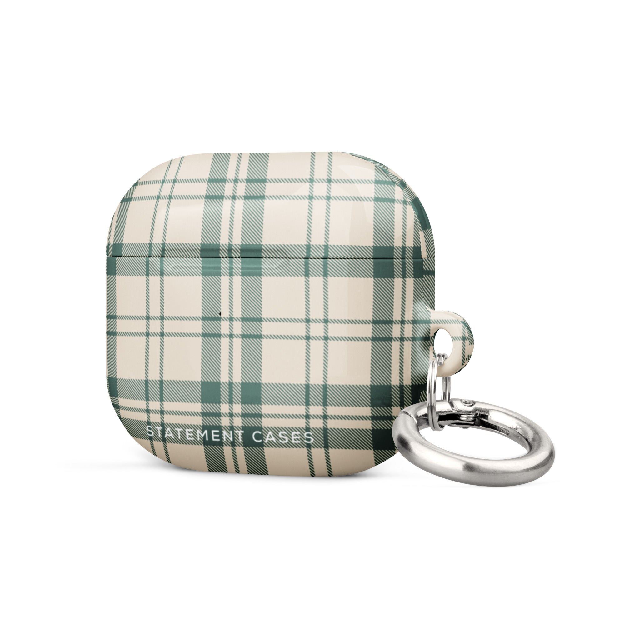 A rectangular Elegant Plaid for AirPods Gen 3 case with rounded corners, featuring a green and white plaid pattern. The case has a small metal carabiner attached on the side, making it easy to secure to bags or keys. Made from impact-absorbing material, the text "Statement Cases" is printed at the bottom of the case.