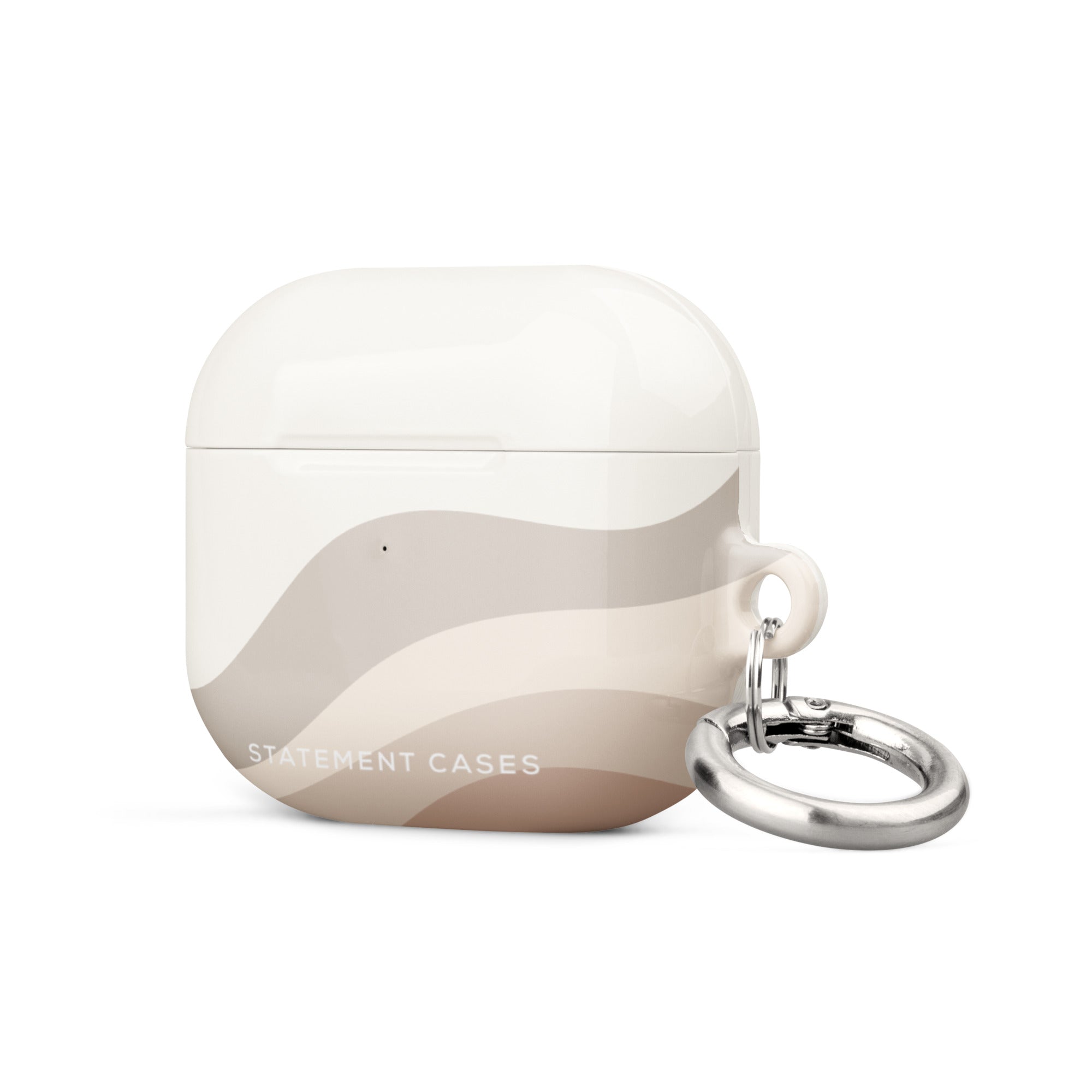 A Serene Sands for AirPods Gen 3 case decorated with wavy beige and light brown stripes. It features a metal carabiner for easy attachment, and the words "Statement Cases" are printed on the lower front. Designed with impact-absorbing material, it ensures your AirPods stay protected in style.