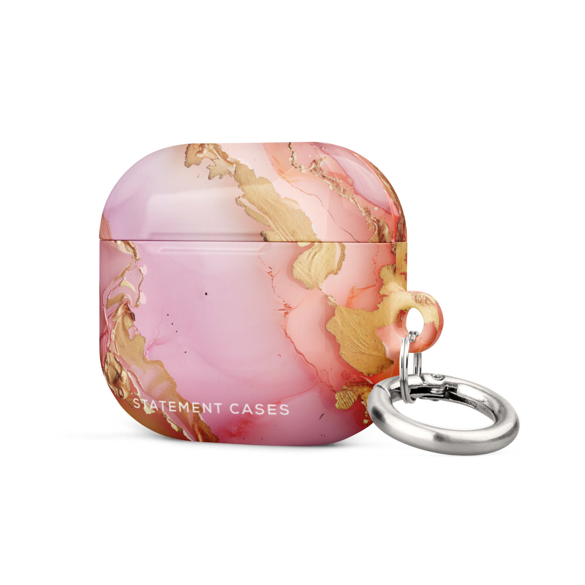 A Gold Blush Marble case for AirPods Gen 3, featuring a pink and gold marble pattern with a silver keychain attached to the side. Made from premium material, this impact-absorbing case showcases the brand name "Statement Cases" printed on the front in white.