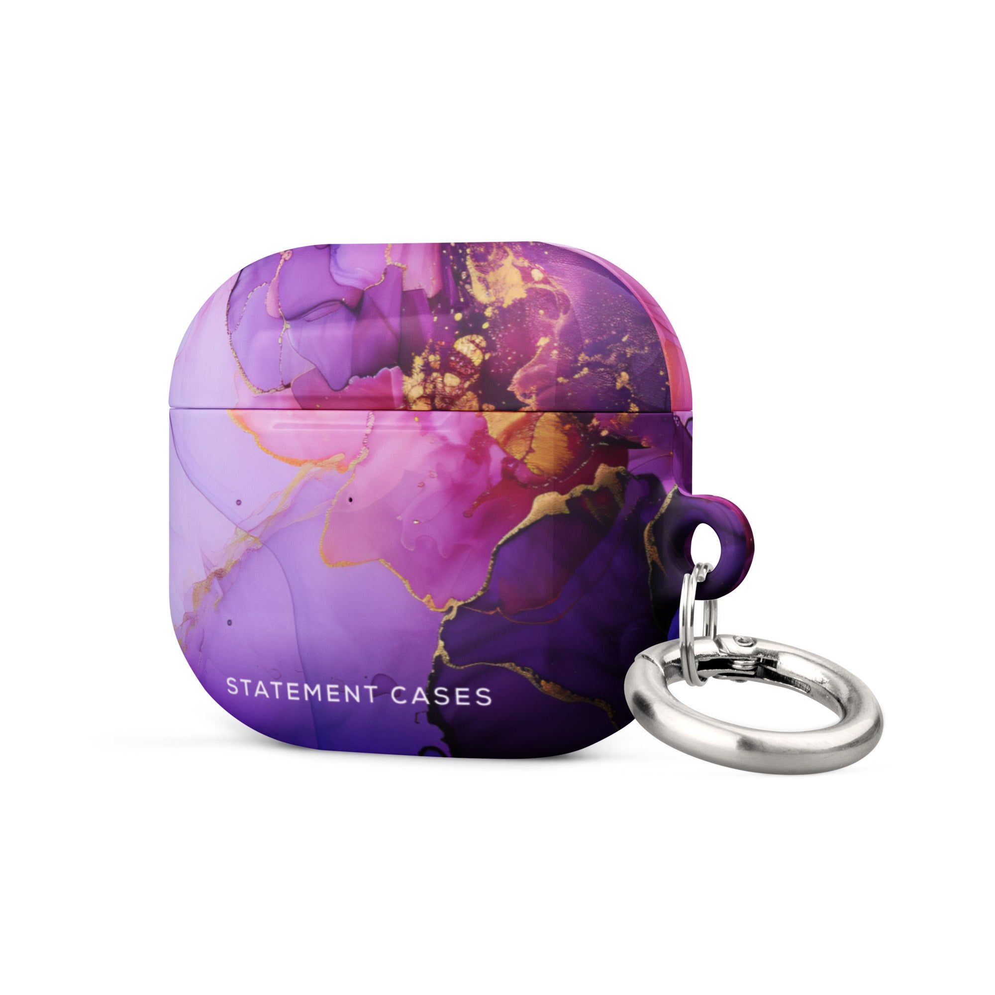 Introducing the "Golden Orchid Marble for AirPods Gen 3" from Statement Cases—a stylish AirPods case featuring a luxurious purple marble design accented with gold veins. This impact-absorbing case is embossed with the "STATEMENT CASES" logo at the bottom and comes equipped with a metal carabiner attached to the side, making it easy to carry or attach to other items.