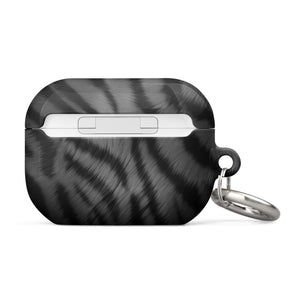 A black and gray patterned protective Charisma Tiger Fur for AirPods Pro Gen 2 case for wireless earbuds is shown against a white background. Crafted from premium impact-absorbing material, the case features a metallic carabiner keyring on the left side and the text "Statement Cases" at the bottom front.