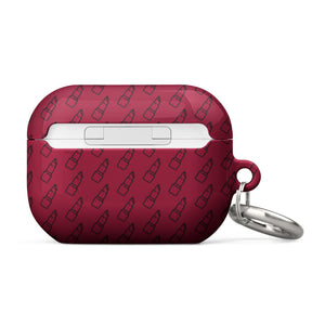 A Rockstar Red for AirPods Pro Gen 2 with a lipstick pattern and the words "Statement Cases" written at the bottom. Made from impact-absorbing material, it features a small metal loop holding a silver keyring. The background is white.