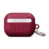 A Rockstar Red for AirPods Pro Gen 2 with a lipstick pattern and the words "Statement Cases" written at the bottom. Made from impact-absorbing material, it features a small metal loop holding a silver keyring. The background is white.