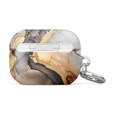 A rectangular Lunar & Gold Marble for AirPods Pro Gen 2 case with a keyring attachment and impact-absorbing design features a marbled pattern in hues of white, grey, brown, and gold accents. The text "Statement Cases" is printed on the lower front part of the case.