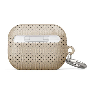 A beige Delicate Elegance for AirPods Pro Gen 2 with a black polka dot pattern. The case features impact-absorbing material for added protection and has a small metal loop on the left side attached to a silver keyring. The brand name "Statement Cases" is printed in white near the bottom.
