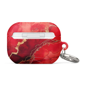 A **Scarlet Marble for AirPods Pro Gen 2** with an impact-absorbing design and a metal carabiner attachment on the side. The brand name "**Statement Cases**" is printed in white on the bottom front.