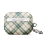 A checkered Aristocrats Plaid for AirPods Pro Gen 2 by Statement Cases with a green, white, and beige plaid design. It features an impact-absorbing material for added protection and a small metallic loop on the side, attached to a metal carabiner. The words "STATEMENT CASES" are printed near the bottom on the front of the case.