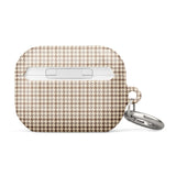 A houndstooth patterned AirPods® case with a metal carabiner attachment on the left side. The case boasts a beige and brown checkered design and features premium impact-absorbing materials for added protection. Introducing the Classic Houndstooth for AirPods Pro Gen 2 by Statement Cases.