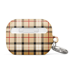 A rectangular beige and brown checkered Neutral Heritage Tartan for AirPods Pro Gen 2 case with an impact-absorbing design and a metal carabiner attached to a corner. The case features the brand name "Statement Cases" printed at the bottom front.