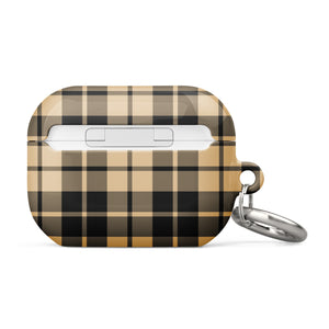 A rectangular Rich Espresso Tartan for AirPods Pro Gen 2 case with a beige, black, and gold plaid pattern. It features an impact-absorbing design, a metal carabiner, and a keyring attached to the left side. The text "Statement Cases" is printed on the front lower part of the case.