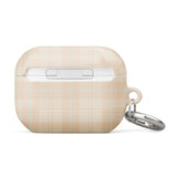 A beige plaid Sophisticated Plaid for AirPods Pro Gen 2 with a small yet robust metal carabiner attached to the side. The impact-absorbing case features the brand name "Statement Cases" in white text on the front.