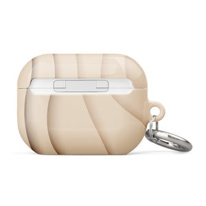 A beige Sandy Serenity for AirPods Pro Gen 2 with a sleek, glossy finish and marbled design. The impact-absorbing case has a small metal carabiner attached to the side for convenience. The text "Statement Cases" is printed on the front of the case in white letters.