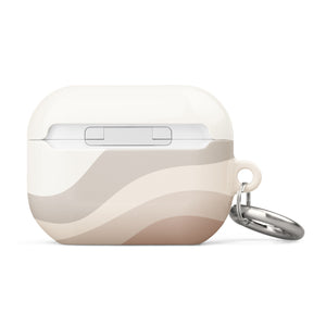 A white Serene Sands for AirPods Pro Gen 2 case with a beige, wavy pattern on the front. The case, made from premium impact-absorbing material, has a silver keyring attached to the side. The text "Statement Cases" is printed at the bottom front of the case.