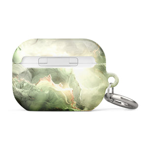 A **Sleek Sage for AirPods Pro Gen 2** with a glossy marbled design in shades of green and white, accented with gold streaks. The case features an impact-absorbing build, a silver keyring on the side, and the brand name "Statement Cases" printed at the bottom.